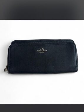 Coach Black Leather Zip Around Wallet with Silver Logo